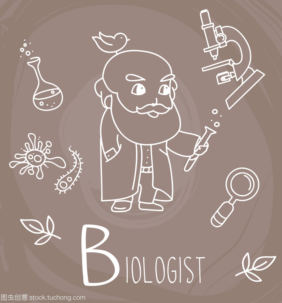 一整套可愛涂鴉圖標和老人-生物學家